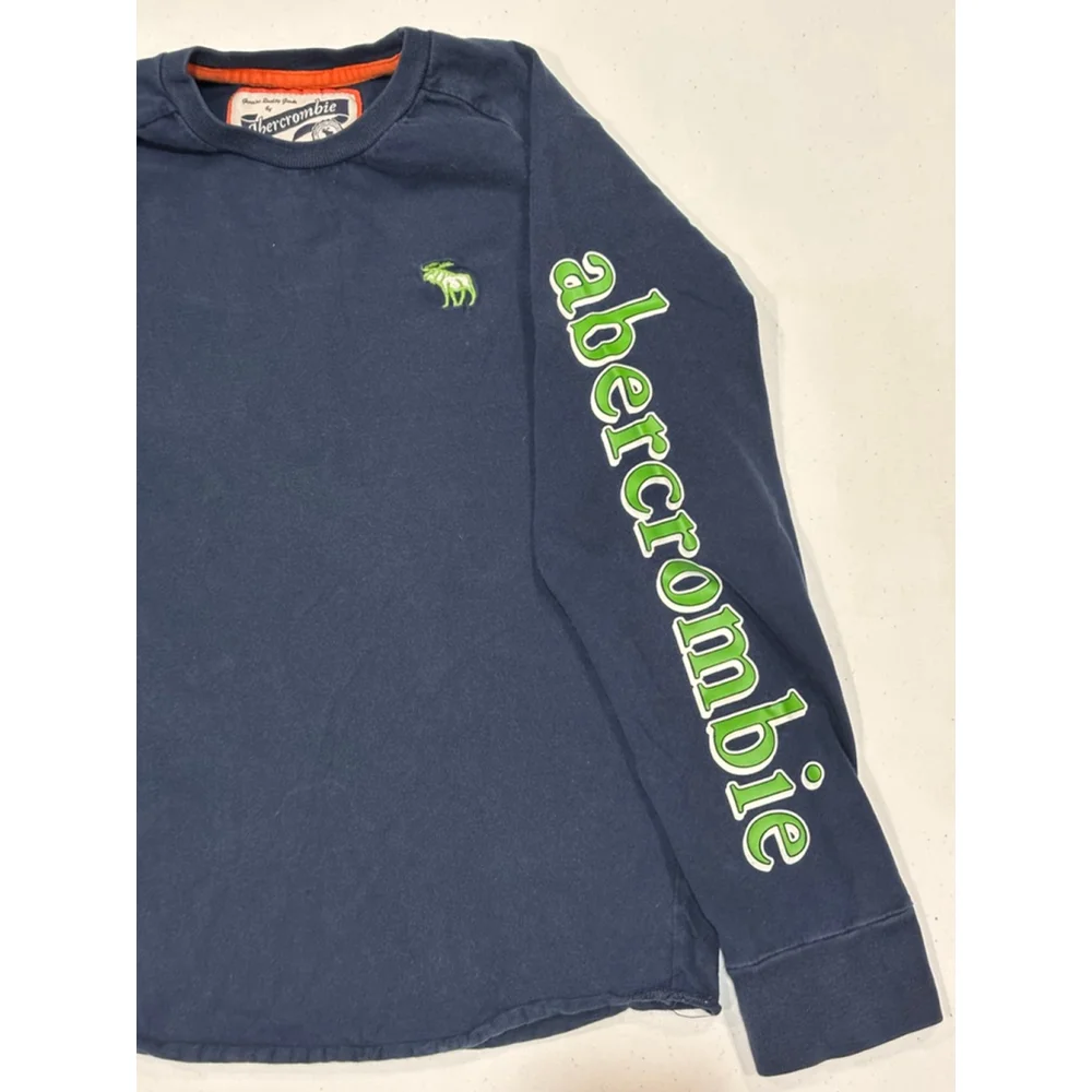 Abercrombie Long Sleeve Crewneck Tee, Navy, Green, Boys Youth Large